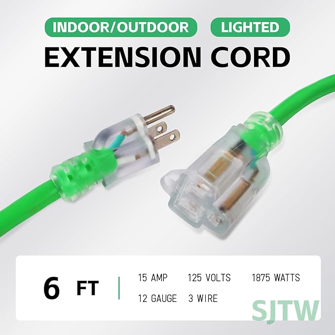 EP 6 Ft Outdoor Extension Cord, 12/3 SJTW Heavy Duty Waterproof Power Cable, 3 Prong Grounded Plug, Lighted End, for Lawn, Garden, Appliances, Green