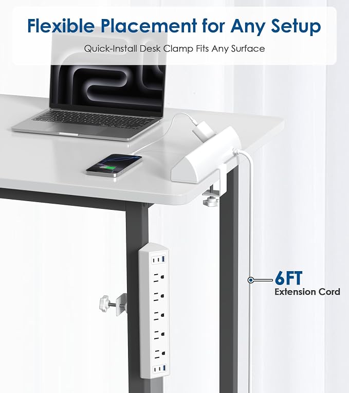 Jgstkcity Desk Clamp Power Strip USB C,Table Surge Protector | 1200J,Total 40W Charging Hub,5 Outlets & 6 USB,6FT Extension Cord,Fits 1.96" Desktop Edge,Office,Gaming,Dorm,White