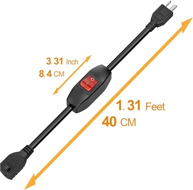 Inline On/Off Switch Extension Cord, Plugrand 3-Prong Household Switchable Power Cords, Heavy Duty 15A 125V, Double Break Switch Extension Cable, 40CM Cord