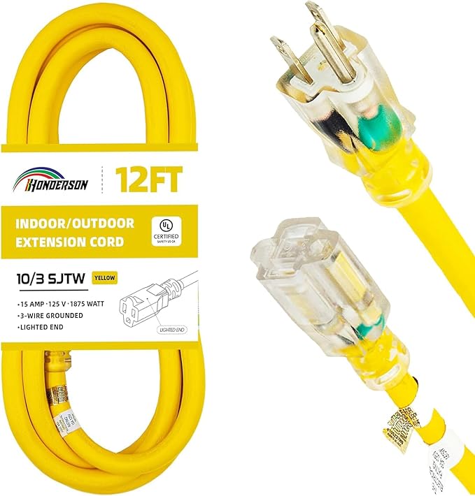 Indoor Outdoor Extension Cord Weatherproof with Lighted End, UL Certified, 10 Gauge 12FT Yellow 3 Prong Heavy Duty, 10/3 SJTW 15A Power Cord for Outdoor Lights, Lawn