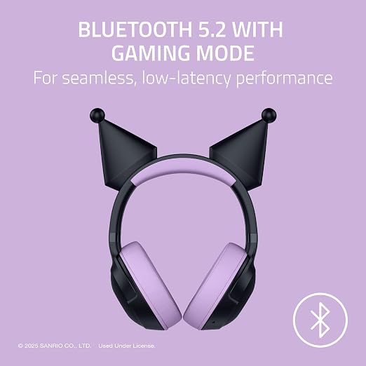Razer Kraken Kitty V2 BT Wireless RGB Headset, Kuromi Edition | Chroma RGB Kitty Ears & Earcups, Bluetooth 5.2, 40 mm Drivers, Noise-cancelling Mics, Lightweight, USB-C, 40 Hr Battery