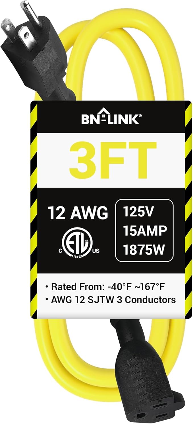 BN-LINK 3ft Outdoor Extension Cord, 12/3 SJTW Heavy Duty Power Cord, 3-Prong Grounded Plug, Weather Resistant, 15A, 1875W, Yellow, for Lawn, Garden, Appliances, ETL Listed
