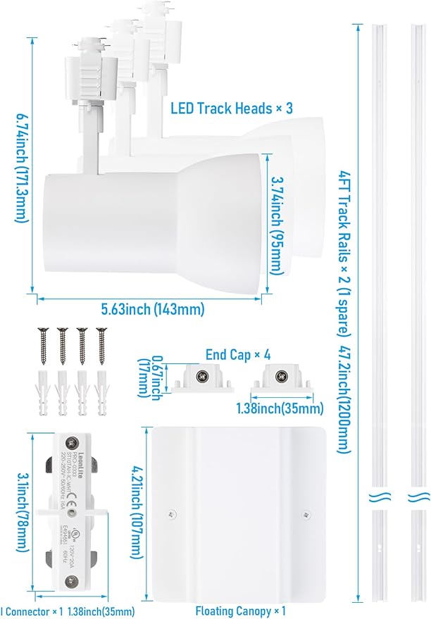 LEONLITE 18W Complete LED Track Lighting Kit, (3) H Type Spotlight & 8FT Track Rail & (1) Floating Canopy Connector & (1) I Connectors, CRI90+, 3000K Warm White, White