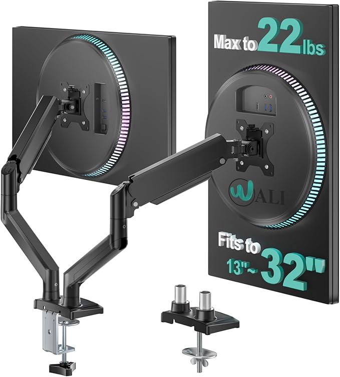 WALI Dual Monitor Stand for 13-32 inch Computer Screens, Dual Monitor Arms for 2 Monitors Holds up to 22 lbs, Height Adjustable Dual Monitors Mount, VESA 75x75/100x100mm (GSMP002N), Black