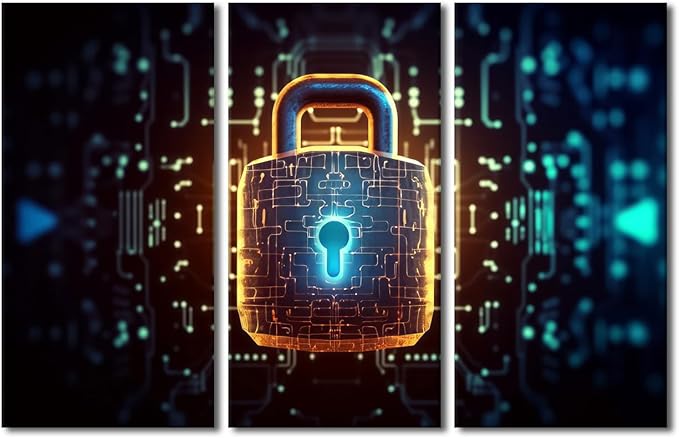 TUMOVO 3 Panel Canvas Print Art Set Padlock with a Glowing Light at the Top Posters and Prints for Bedroom Living Room Wall Decorative, Cybercrime Concept Artwork Framed Ready to Hang, 42" Wx28 H