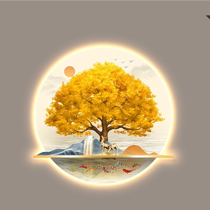 Bubinblau E,70 * 84cm, Mountain Tree Wall Art with Led Light, Zen Wall Art Decor, Luminous Wall Sculptures Painting, for Study Room, Dining Room, Living Room, Tea Room