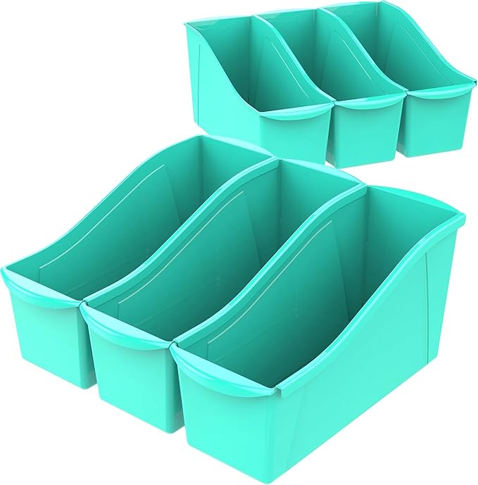 Storex Large Book Bin, Interlocking Plastic Organizer for Home, Office and Classroom, Teal, 6-Pack (71107A06C)