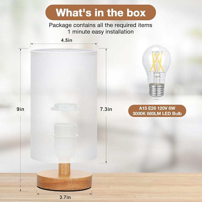 Fenmzee Small Table Lamps (White Shade - Wood Base, 9" Inline Control) | 3000K LED Blub Included | 680 Lumens | Easy Assembly | Minimalist Design | E26 | for Kitchen | for Kids Room