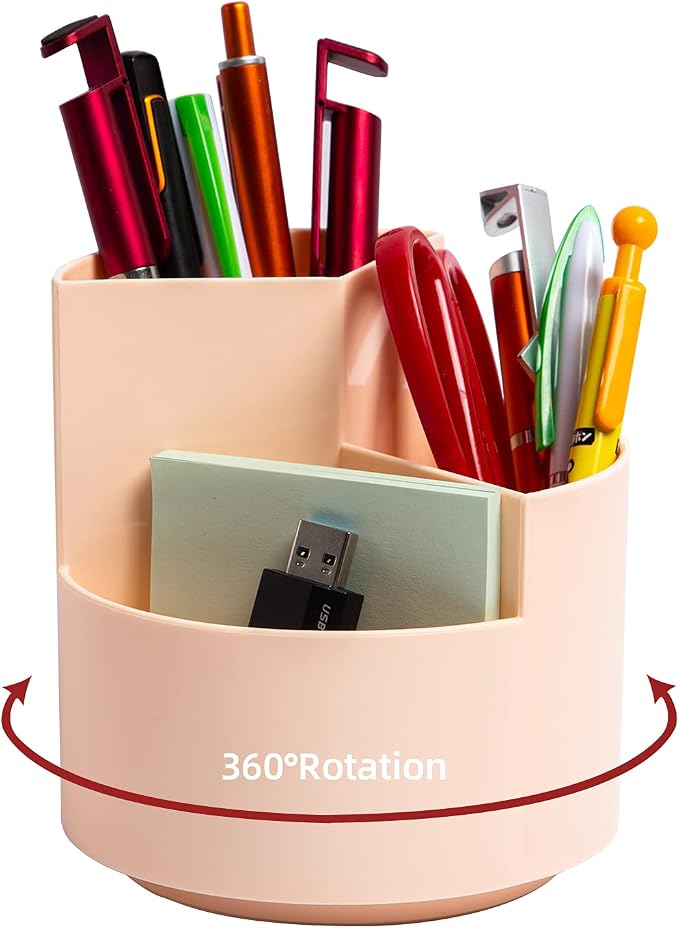 Desk Pencil Pen Holder, 3 Slots 360-Degree Spinning Organizers, Desktop Storage Stationery Supplies, Cute Cup Pot for Office, School, Art Supply, Kids - Pink