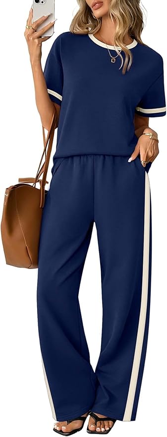 Sampeel 2 Piece Sets for Women Matching Sets Summer Outfits Resort Wear Short Sleeve Lounge Set Wide Leg Pants with Pockets