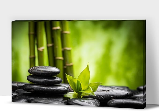 GUTTATY Zen Wall Art Decor, Modern Bathroom Zen Decor Wall Art, Relaxing Canvas Wall Art for Spa Zen Room Decor, Green Bamboo Forest and Pebble Art Prints for Office & Spa Wall Decor 28x40 Inches