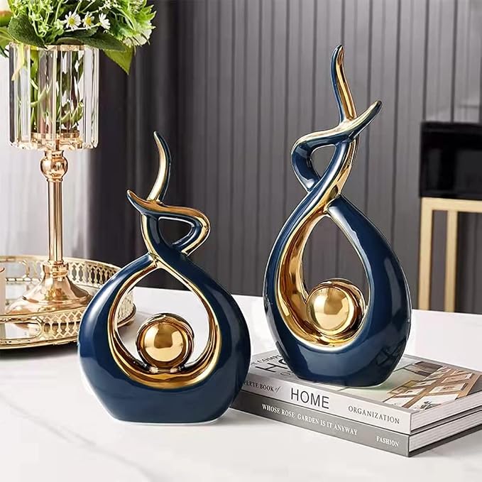 Norrclp Home Decor Modern Abstract Art Ceramic Statue Table Decorations for Dining Room Living Room Office Centerpiece (Blue and Gold, Large)