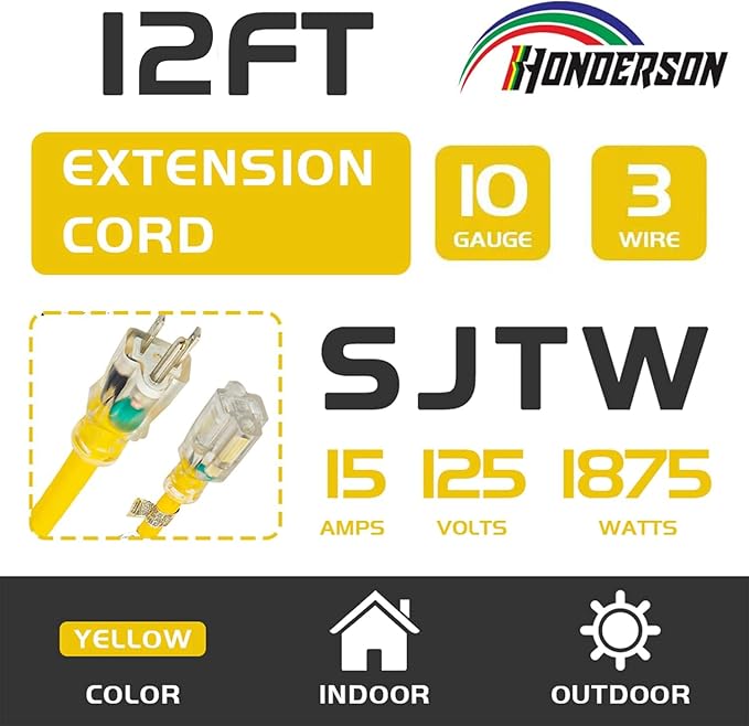 Indoor Outdoor Extension Cord Weatherproof with Lighted End, UL Certified, 10 Gauge 12FT Yellow 3 Prong Heavy Duty, 10/3 SJTW 15A Power Cord for Outdoor Lights, Lawn