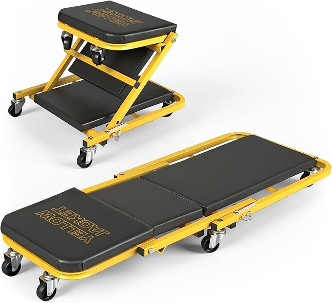 YELLOW JACKET Mechanic Creeper Stool, 40 Inches Extended 2-in-1 Foldable Z-Creeper Rolling Garage Seat with Wheels, Heavy Duty Steel Auto Repair Garage Stool for Shop, 330 LBS Capacity