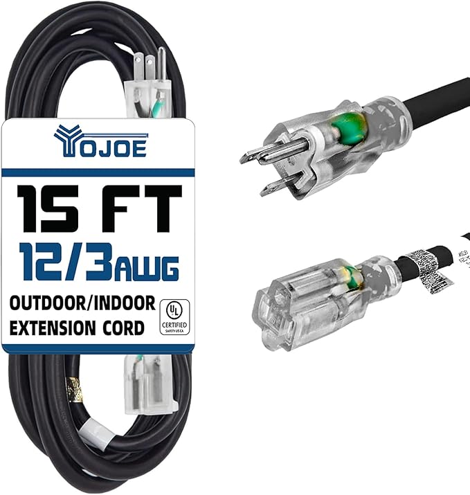 YOJOE Indoor Outdoor Extension Cord with Lighted End, 3 Prong 15A Weatherproof Power Extension Cord, 12 Gauge Heavy Duty 15 ft Black Extension Cord for Garage, Garden and Home, 12/3 SJTW UL Listed