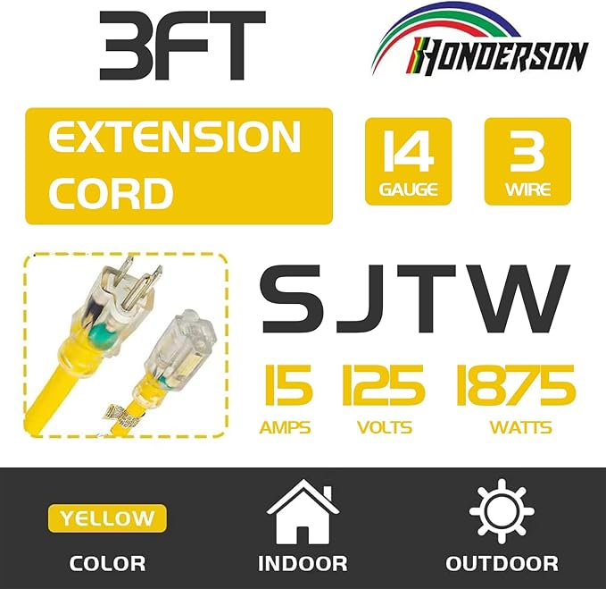 Extension Cord Weatherproof with Lighted End, UL Listed, 14 Gauge 3FT Yellow 3 Prong Heavy Duty, 14/3 SJTW 15A Power Cord for Lights, Lawn