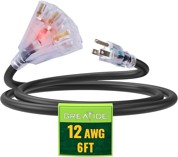 6 Ft Lighted Outdoor Extension Cord with 3 Electrical Power Outlets - 12/3 SJTW Heavy Duty Black Extension Cable with 3 Prong Grounded Plug for Safety, UL Listed