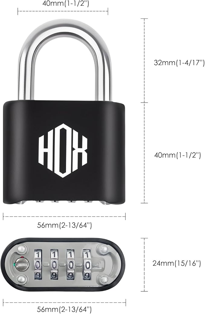 HOX 4 Digit Combination Lock Outdoor Padlock - Heavy Duty Locker Lock with Hardened Steel Shackle, Waterproof Combo Lock for Gym Locker, Hasp Storage, Shed, Fence (Black, 4 Pack)
