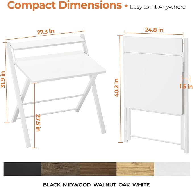 GreenForest Folding Desk No Assembly, Sturdy Computer Desk for Small Spaces | Portable Foldable Table for Laptop, 2-Tier Compact with Shelf, Space Saving for Home Office, Dorm, Apartment, 27"x 22" White
