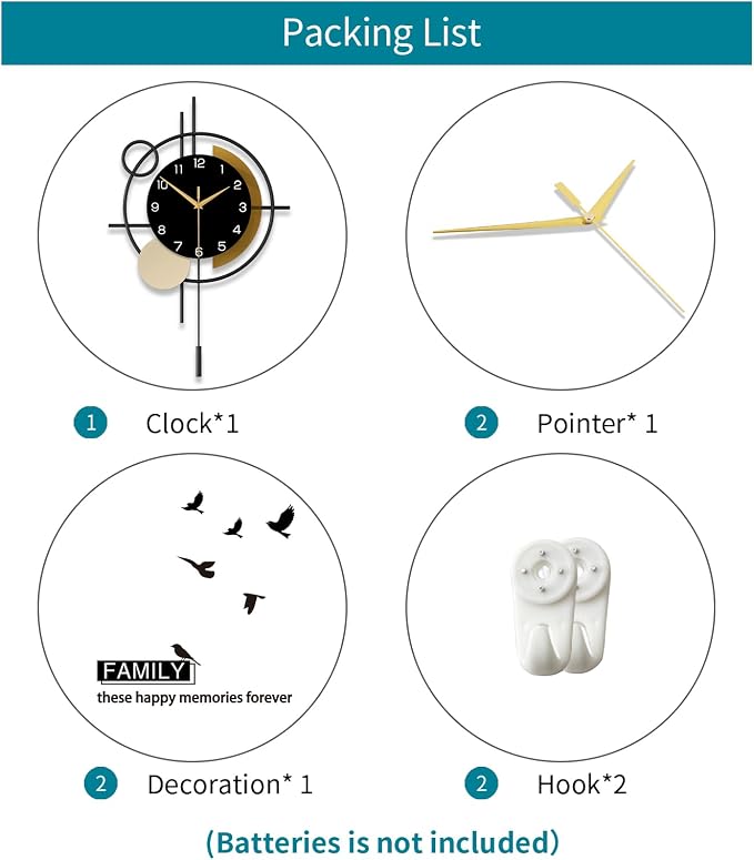 Wall Clock for Living Room Decor Decorative Wall Clock with Pendulum Silent Quartz Battery Operated Black Metal Large Clock for Dining Room,Kitchen,Home,Bathroom,Bedroom,13.8x21.3 in