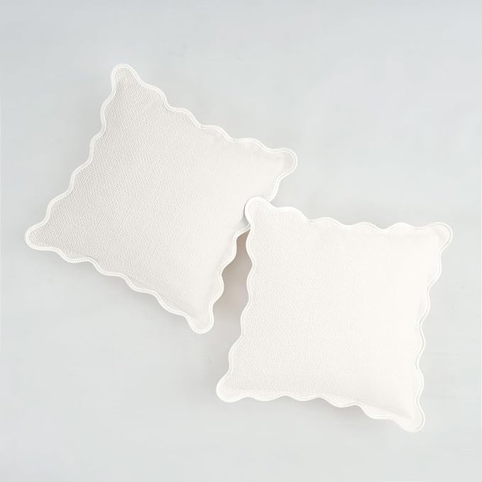 Scalloped Pillow Covers Set of 2 for Living Room | Decorative Sofa Couch Pillows | Boho Sytle Decorative Home | Aesthetic Funky Preppy Pillow Cases (Beige & White, 24x24 Inch)