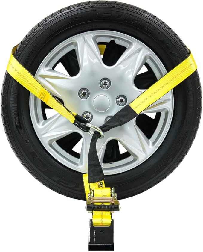 Mytee Products 8 Pack 2" x 168" Car Tie Down Straps for Trailer with Flat Hook - 3333 LB WLL Lasso Style Tire Straps for Car Trailer with Ratchets - Vehicle Tie Down Wheel Straps for Hauling Cars