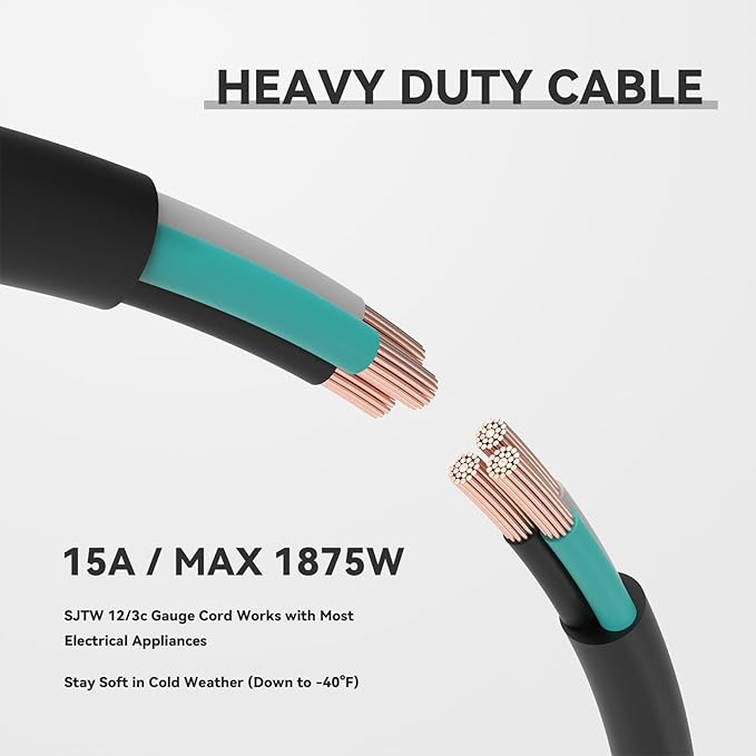 50 FT 12 Gauge Outdoor Heavy Duty Extension Cord - 12/3 SJTW 15 AMP Indoor Power Cord with 3 Prong Grounded Plug for Lawn Mower, Appliances, Workshop, Lights Water Resistant Flexible Cable