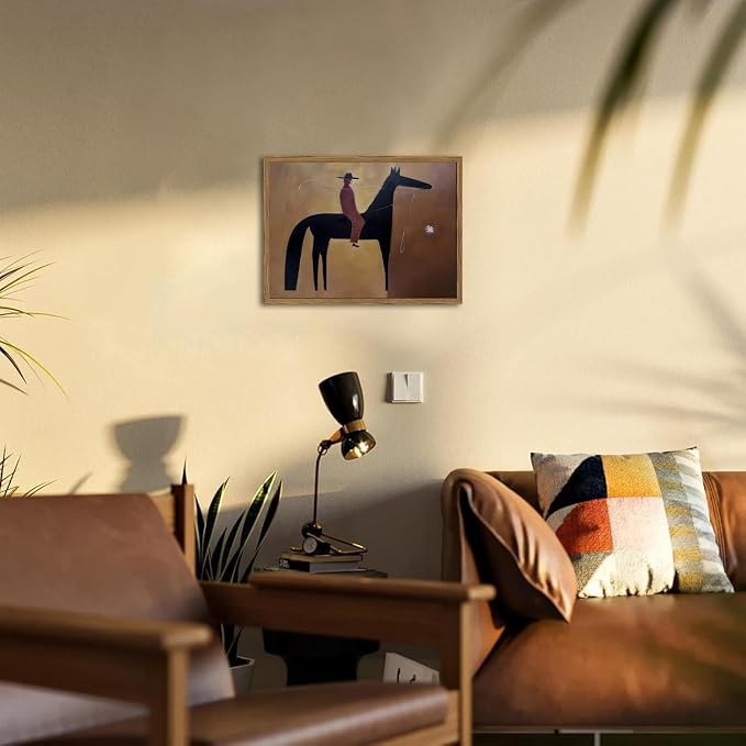 Vintage Western Cowboy Wall Art Abstract Southwestern Horse Wall Decor Painting, Mid Century Cowboy Poster Canvas Print Picture for Living Room Bedroom 12x16 inch Wood Framed