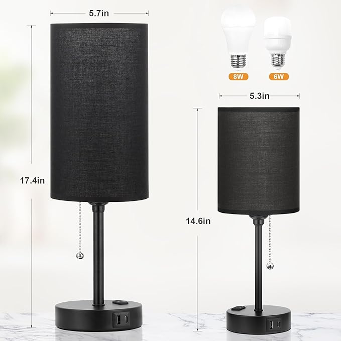 Dicoool 17Inch Tall Bedroom Lamps with USB C and A Ports 3 Color Temperatures - Pull Chain Black Nightstand Bedside Table Lamp with AC Outlet, Side Lamp for Living Room End Table