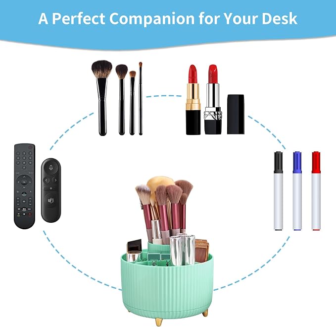 Marbrasse Desk Organizer, 360-Degree Rotating Pen Holder, Desk Organizers and Accessories with 5 Compartments Pencil Holder, Art Supply Storage Box Caddy for Office, Home (Mint Green)