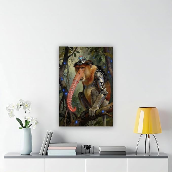 Framed Steampunk Mechanical Proboscis Monkey Wall Art - Jungle Neon Retro Poster for Apartment Leisure Area Decor 12x18inch(30x45cm)