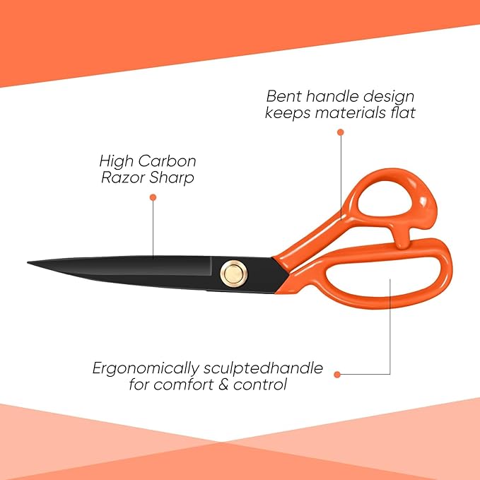 Professional Tailor Scissors Heavy Duty - Multi-Purpose Sewing Fabric Scissors for Leather Cutting Industrial Sharp Shears Home Office Arts, and Crafts (9 Inch) Orange
