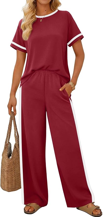 Sampeel 2 Piece Sets for Women Matching Sets Summer Outfits Resort Wear Short Sleeve Lounge Set Wide Leg Pants with Pockets