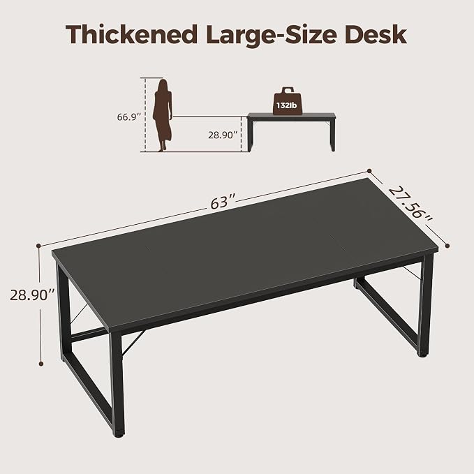 Mericonia 63x28 Inch Computer Desk, 1" Thick Large Office Table, Black | Modern Simple Style, Heavy Duty Industrial Frame, Large Study & Writing Table for Home Bedroom Work
