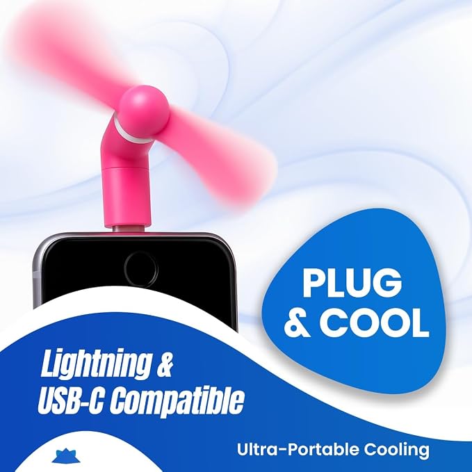Mini Cell Phone Fan for Hot Flashes, Colorful & Powerful Fans Compatible with iPhone, iPad, Android Smartphones & Tablets, USB C Mobile Accessories, 3 iOS + 3 Type C + 2 Silicone Suction Cup Mount