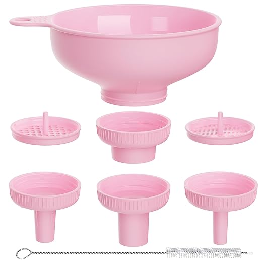 Pisol Wide Mouth Versatile Funnel, Canning Funnels for Kitchen Use, Food Grade Plastic Cooking Funnel Set with 4 Size Spouts and 2 Strainers for Filling Different Bottles and Bags, Pink