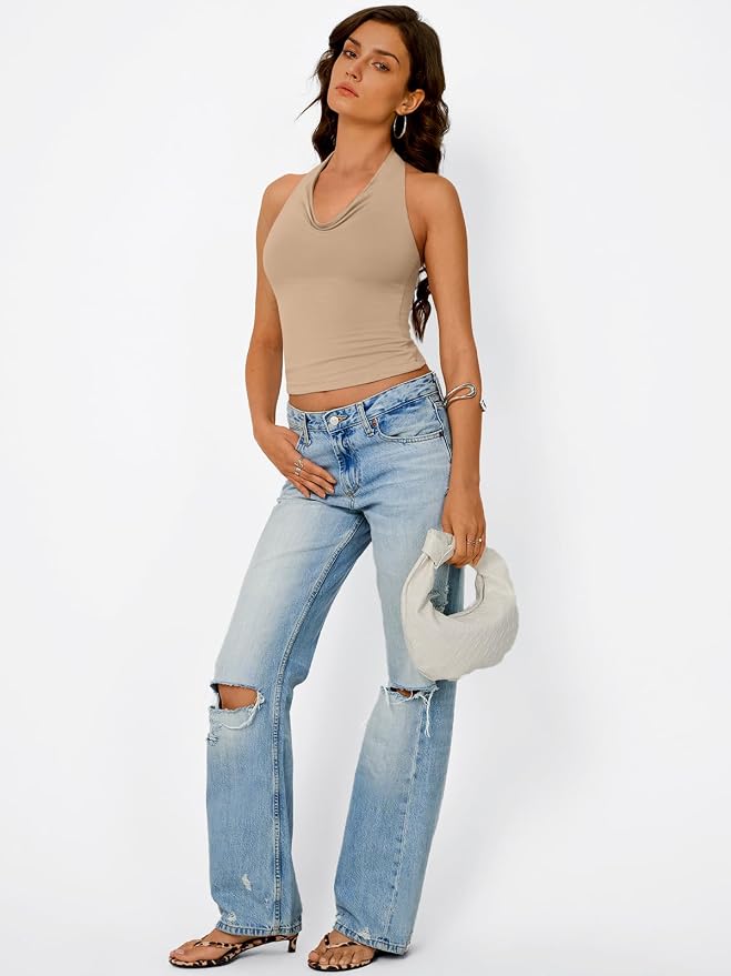 Trendy Queen Halter Tops for Women Going Out Summer Top | Cowl Neck Shirts, Sexy Backless, Fashion Y2K Clothes, Perfect for Party, Club, Vacation, Pair with High-waisted Bottoms