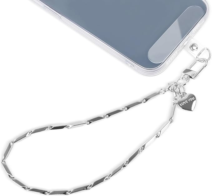 AULEEP Phone Chain Wristlet,Metal Hand Wrist Strap Lanyard,Phone Charm with Clear Tether Tab,Anti Theft Cellphone Strap Silver Bracelet Strap for Traveling Hiking Shopping
