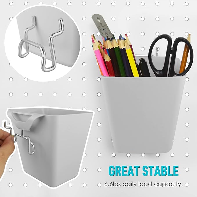G.CORE Large Pegboard Cups Peg Board Storage Bin 6 Pack with Hooks, Square Box Shape Pegboard Cup Holder Accessories for Garage Workbench/Craft Room/Office/Playroom/Home Kitchen Organization (Grey)