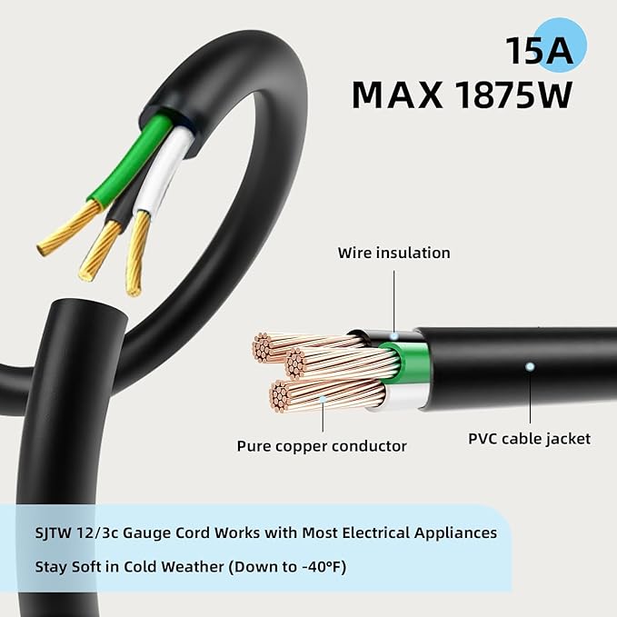 EP 12/3 25 FT Indoor Outdoor Black Extension Cord Waterproof, 12 Gauge 3 Prong Power Cord Flexible Resistant Appliance Extension Cable Electric Cable Outside, 15A 1875W 12AWG SJTW, ETL Listed