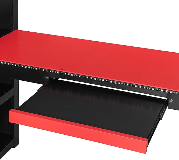 Full Size Gaming Loft Bed with Integrated Desk & RGB LED Lights,Bunk Bed with Power Outlet, Large Bookshelf, Pegboard, Keyboard Tray & Drawer (Red-Bo, Full)