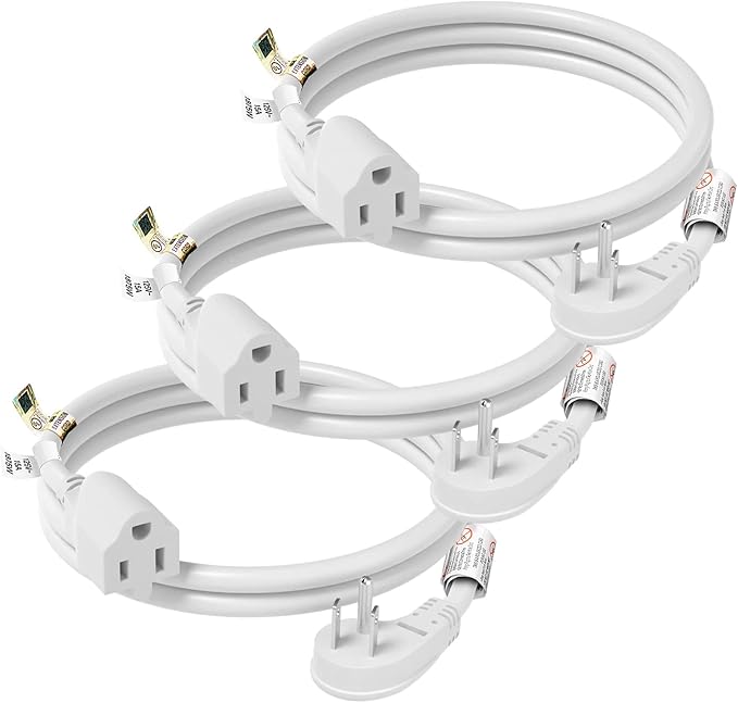 FIRMERST 1875W Flat Plug Extension Cord 3 Feet 14 AWG 15A White, 3 Packs
