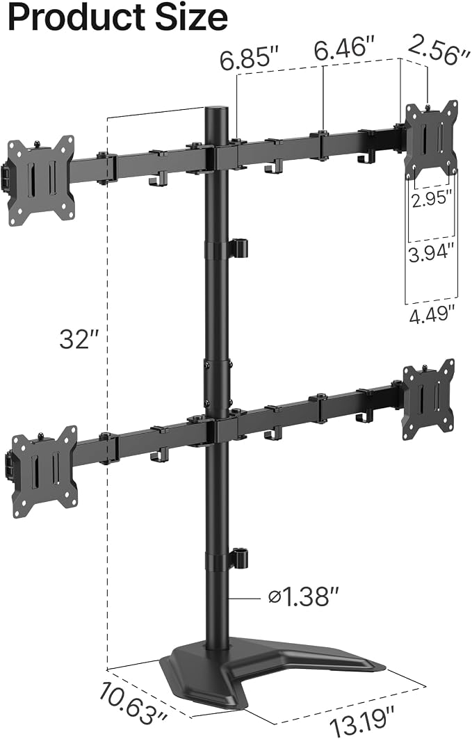 monTEK Freestanding Quad Monitor Stand for Four 17-32" Screens, 22 lbs Each | Solid V-shaped base, four-screen full-motion arms, height adjustment, tilt, swivel, rotation and VESA 75/100