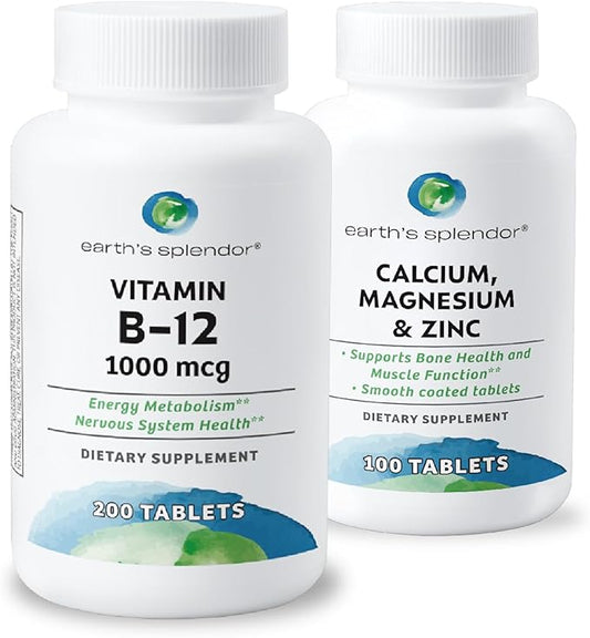 Earth's Splendor: Vitamin B12 & Calcium, Magnesium, Zinc Bundle. Gluten Free, No Artificial Flavors or Colors, Supports Energy Metabolism & Bone Health