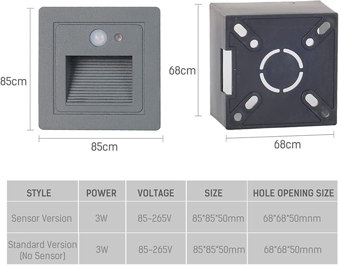 LED Recessed Step Wall Sconce,3W Indoor Outdoor Stairs Light IP65 Waterproof Human Body Induction Wall Lamp Corridor Night Light 85Mm85Mm,C,Induction