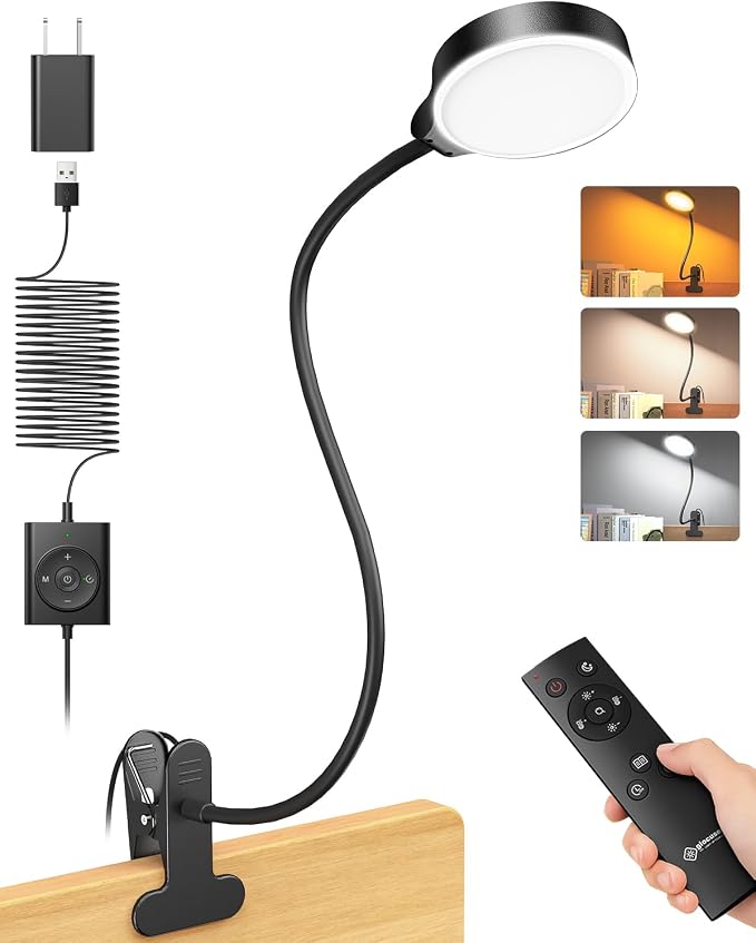 Glocusent 5W Desk Lamp with Remote, 3 Colors & 5 Brightness Reading Lights | Flexible Gooseneck Clip on Lamp, 30-Min Timer Reading Lamp, Perfect Clip on Light for Bunk,Bed,Headboard,Table,Work,Craft