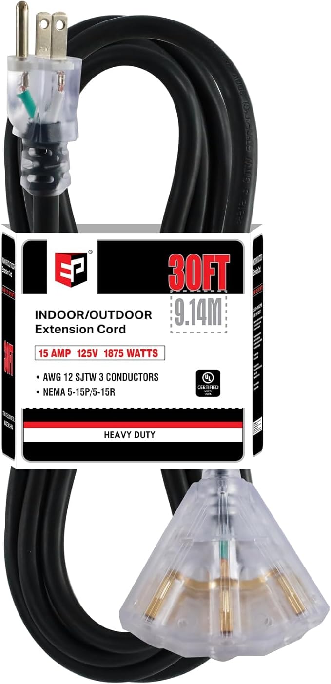 EP 30 Ft 12 Gauge Heavy Duty Extension Cord, 15A 125V 1875W, 3 Outlet Indoor/Outdoor Power Cord with Lighted End, 12/3 SJTW Weatherproof Black