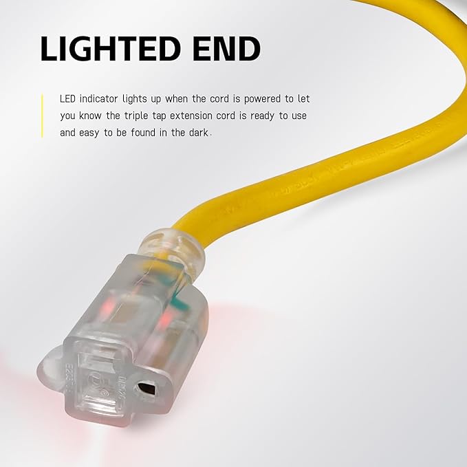 EP 6 ft Lighted Outdoor Extension Cord - 12/3 SJTW Heavy Duty Yellow Extension Cable with 3 Prong Grounded Plug - 15AMP Power Cord for Lawn, Garden, Appliances