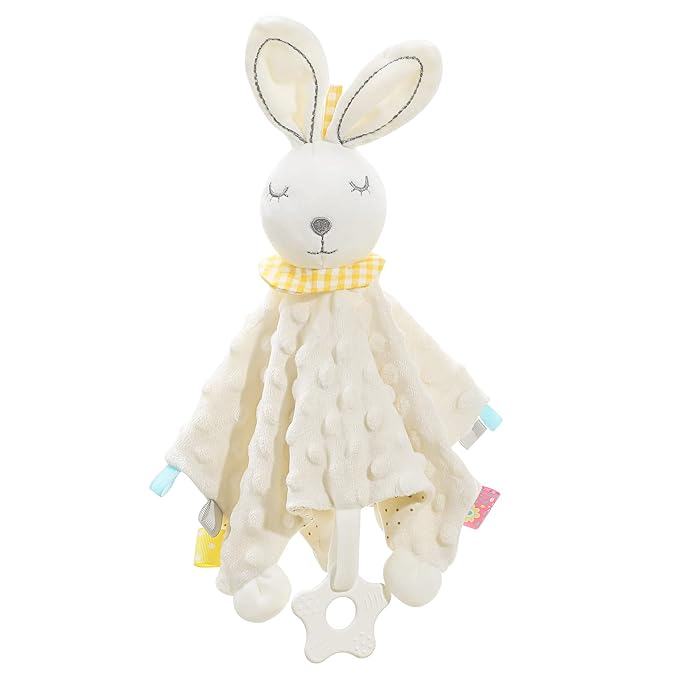 Zooawa Loveys for Babies, Security Blanket Soft Stuffed Animal Bunny Lovey Unisex Lovie Baby Stuff Snuggle Blanket with Tags Teether Bells, Soothing Plush Toys Baby Gift for Newborn, White Rabbit