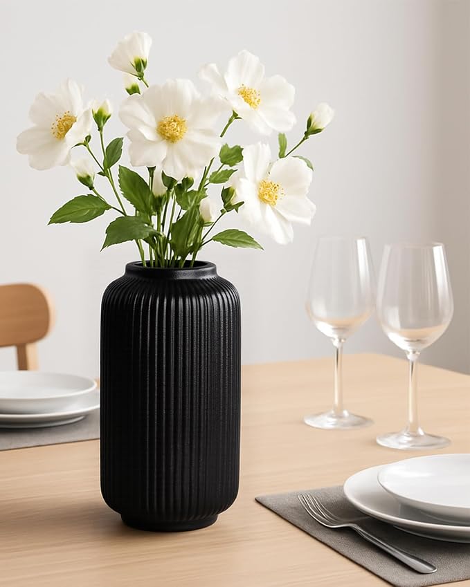 Black Ceramic Vase, 8 Inch Modern Flower Vase for Bouquet and Pampas Grass, Matte Frosted Large Opening Decorative Vase for Farmhouse Table, Shelf Decor